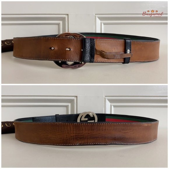 Authentic Gucci Web Green/Red Canvas Silver Interlocking G Buckle Belt 100/40 - Picture 6 of 13